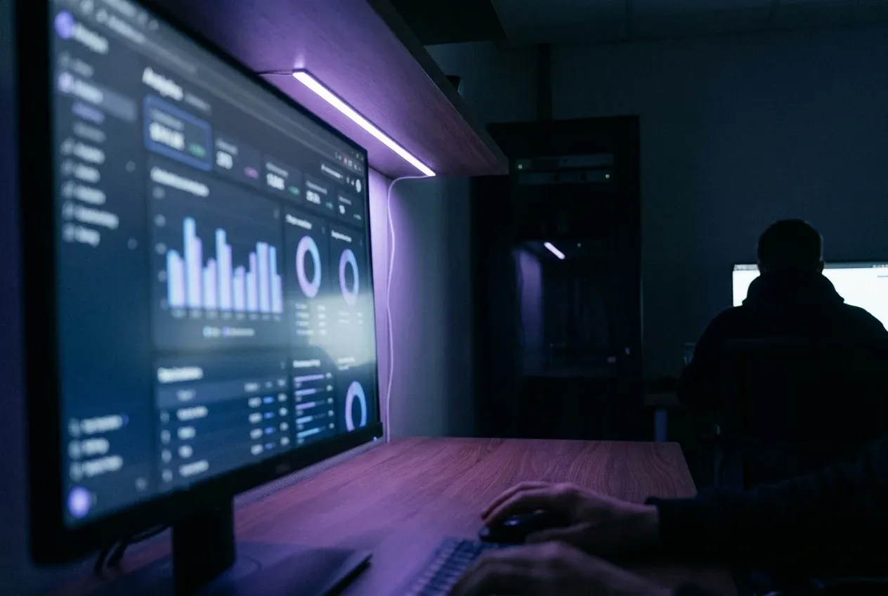 Velký monitor s dashboardem a grafy